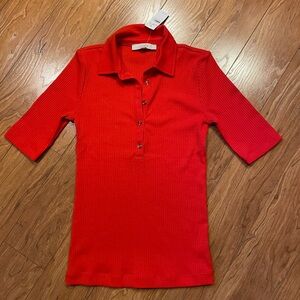 NEW LOFT Retro Style Collared Knit Top Shirt Red Size Small S NWY Elbow Sleeve